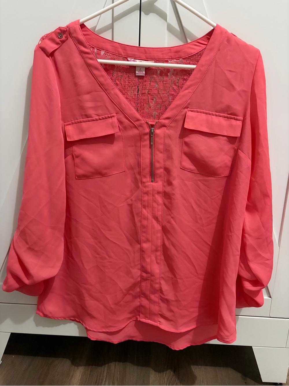 Candie's Coral Zip-Front Lace-Back Blouse